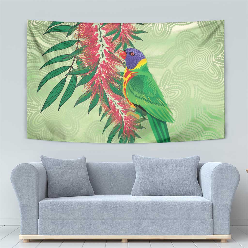 Australia Bottlebrush And Lorikeets Tapestry Aboriginal Art - Watercolor Style