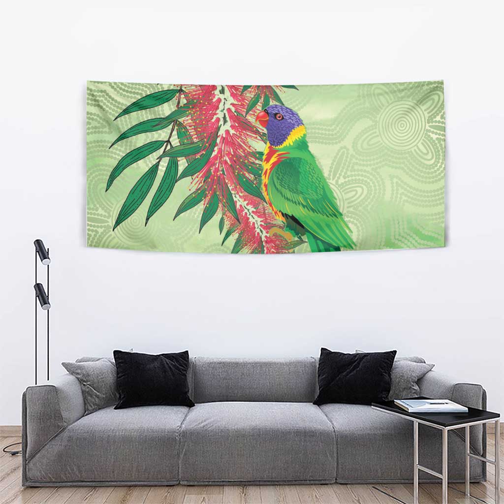 Australia Bottlebrush And Lorikeets Tapestry Aboriginal Art - Watercolor Style