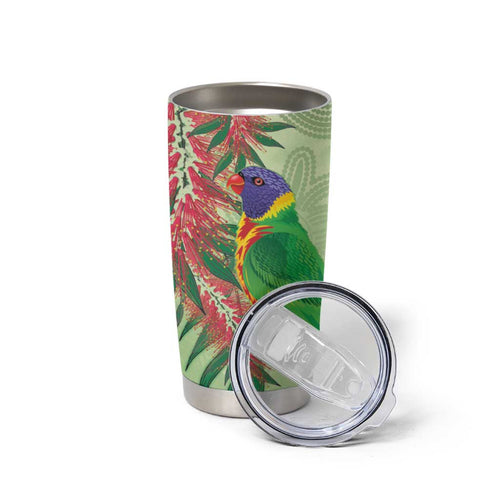 Australia Bottlebrush And Lorikeets Tumbler Cup Aboriginal Art - Watercolor Style