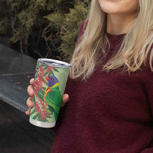 Australia Bottlebrush And Lorikeets Tumbler Cup Aboriginal Art - Watercolor Style