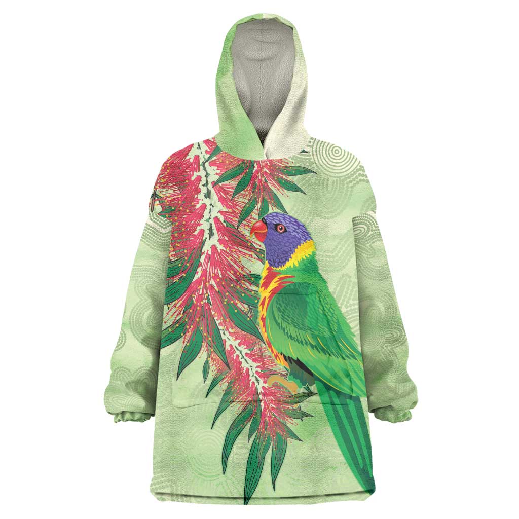 Australia Bottlebrush And Lorikeets Wearable Blanket Hoodie Aboriginal Art - Watercolor Style