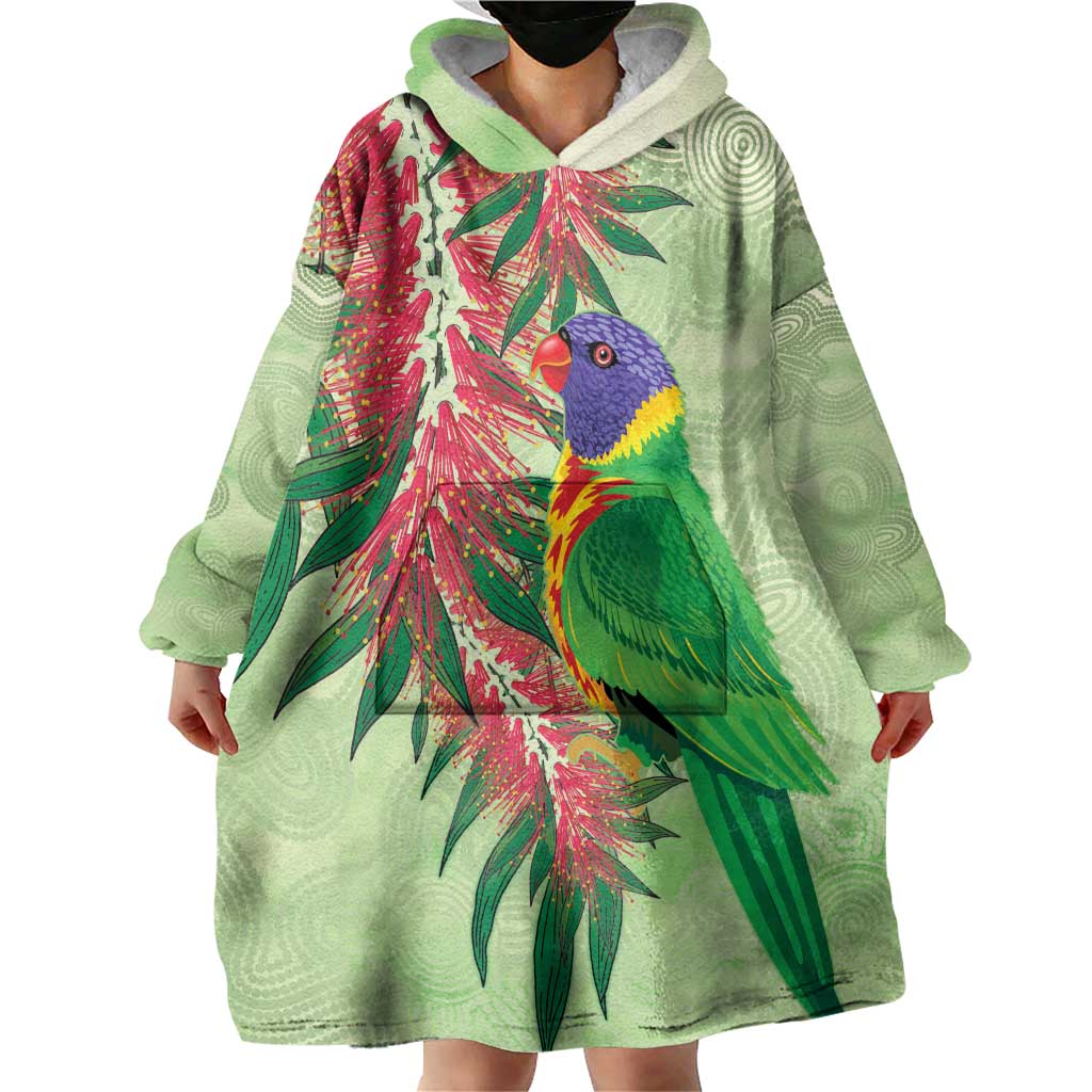 Australia Bottlebrush And Lorikeets Wearable Blanket Hoodie Aboriginal Art - Watercolor Style