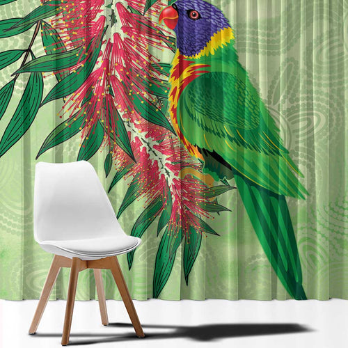 Australia Bottlebrush And Lorikeets Window Curtain Aboriginal Art - Watercolor Style