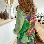 Australia Bottlebrush And Lorikeets Women Casual Shirt Aboriginal Art - Watercolor Style