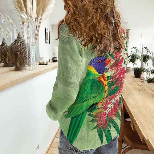 Australia Bottlebrush And Lorikeets Women Casual Shirt Aboriginal Art - Watercolor Style
