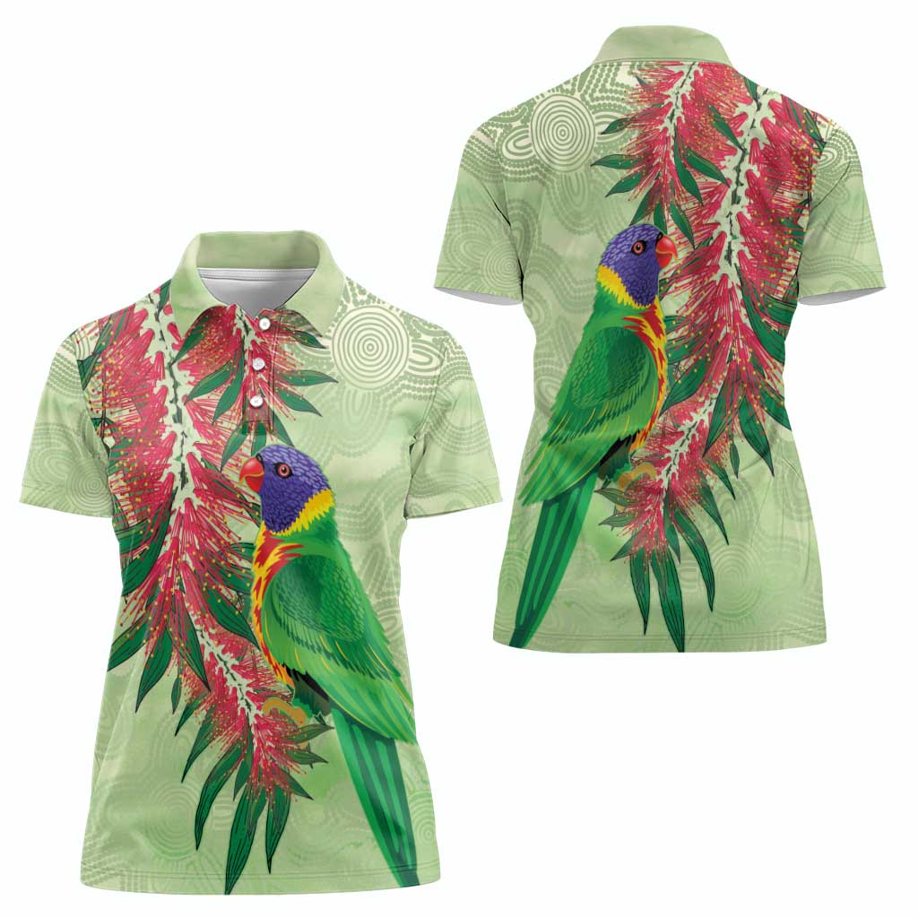 Australia Bottlebrush And Lorikeets Women Polo Shirt Aboriginal Art - Watercolor Style