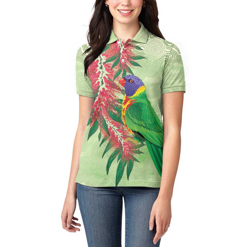 Australia Bottlebrush And Lorikeets Women Polo Shirt Aboriginal Art - Watercolor Style