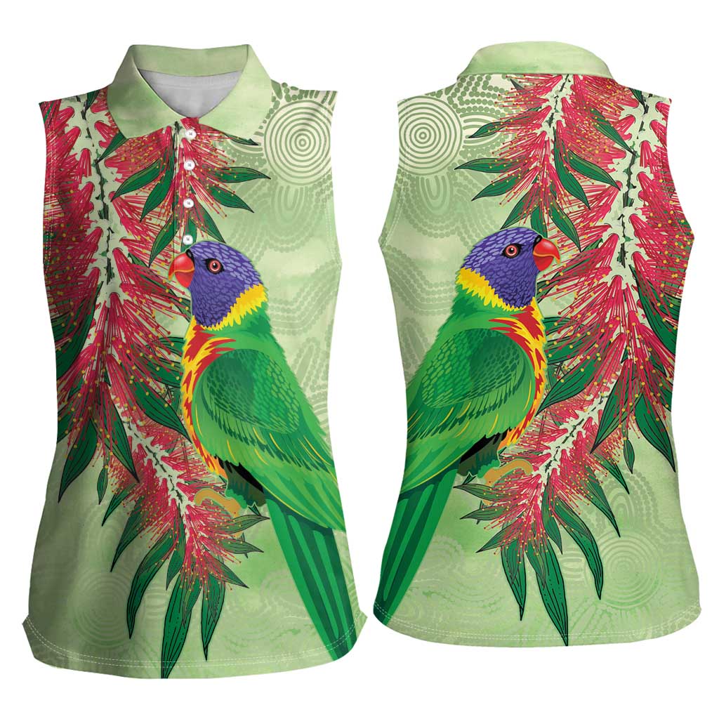 Australia Bottlebrush And Lorikeets Women Sleeveless Polo Shirt Aboriginal Art - Watercolor Style