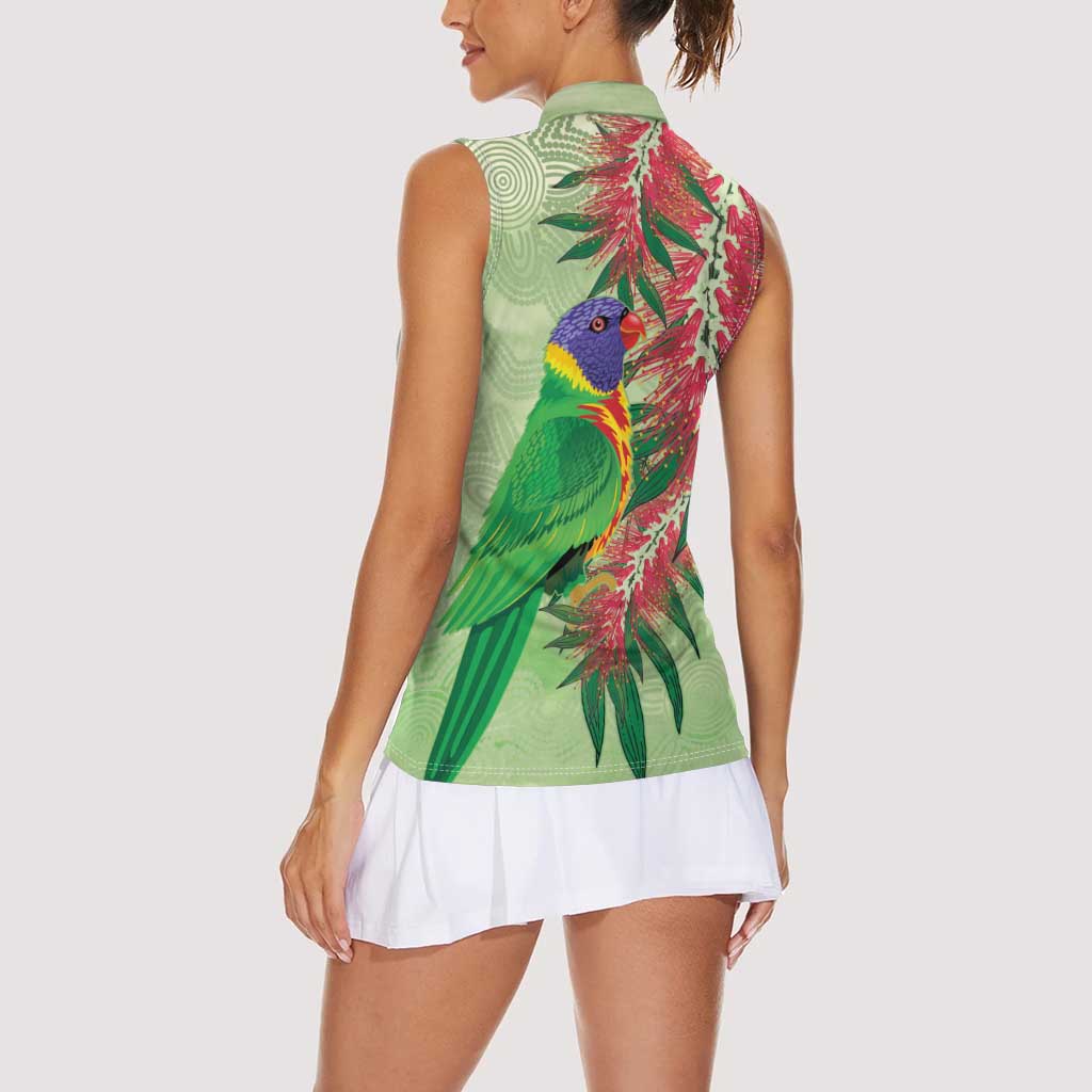 Australia Bottlebrush And Lorikeets Women Sleeveless Polo Shirt Aboriginal Art - Watercolor Style