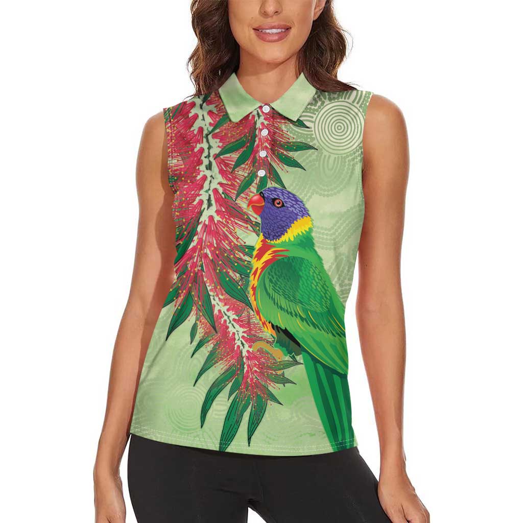 Australia Bottlebrush And Lorikeets Women Sleeveless Polo Shirt Aboriginal Art - Watercolor Style