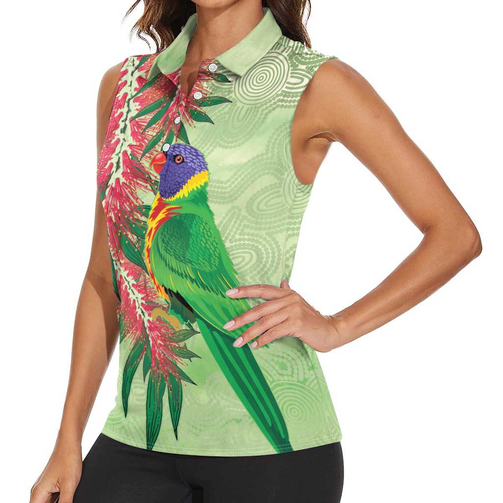 Australia Bottlebrush And Lorikeets Women Sleeveless Polo Shirt Aboriginal Art - Watercolor Style