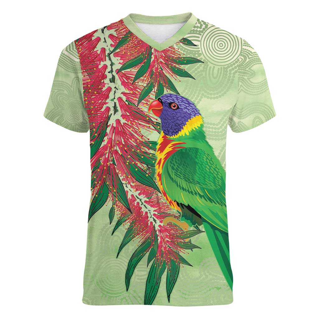 Australia Bottlebrush And Lorikeets Women V-Neck T-Shirt Aboriginal Art - Watercolor Style