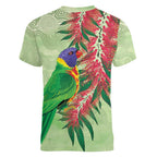Australia Bottlebrush And Lorikeets Women V-Neck T-Shirt Aboriginal Art - Watercolor Style