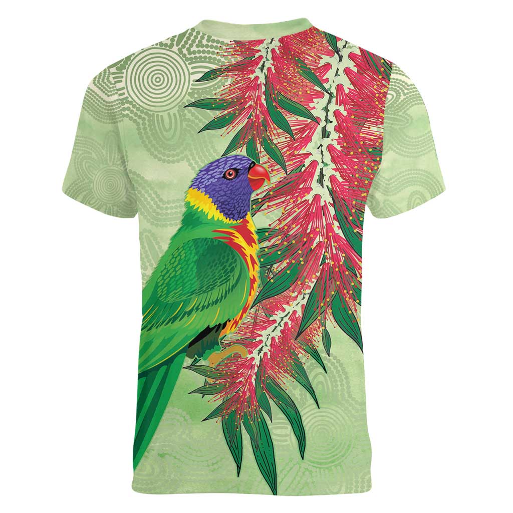 Australia Bottlebrush And Lorikeets Women V-Neck T-Shirt Aboriginal Art - Watercolor Style