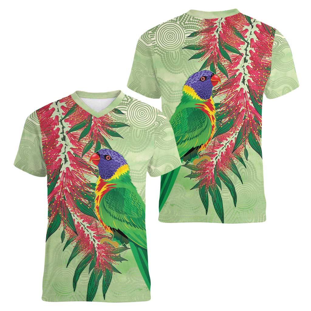 Australia Bottlebrush And Lorikeets Women V-Neck T-Shirt Aboriginal Art - Watercolor Style