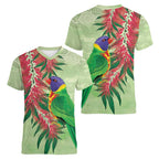 Australia Bottlebrush And Lorikeets Women V-Neck T-Shirt Aboriginal Art - Watercolor Style