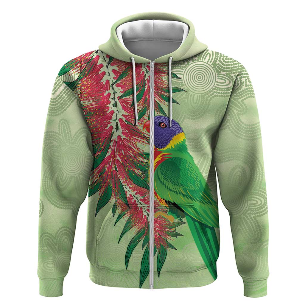 Australia Bottlebrush And Lorikeets Zip Hoodie Aboriginal Art - Watercolor Style