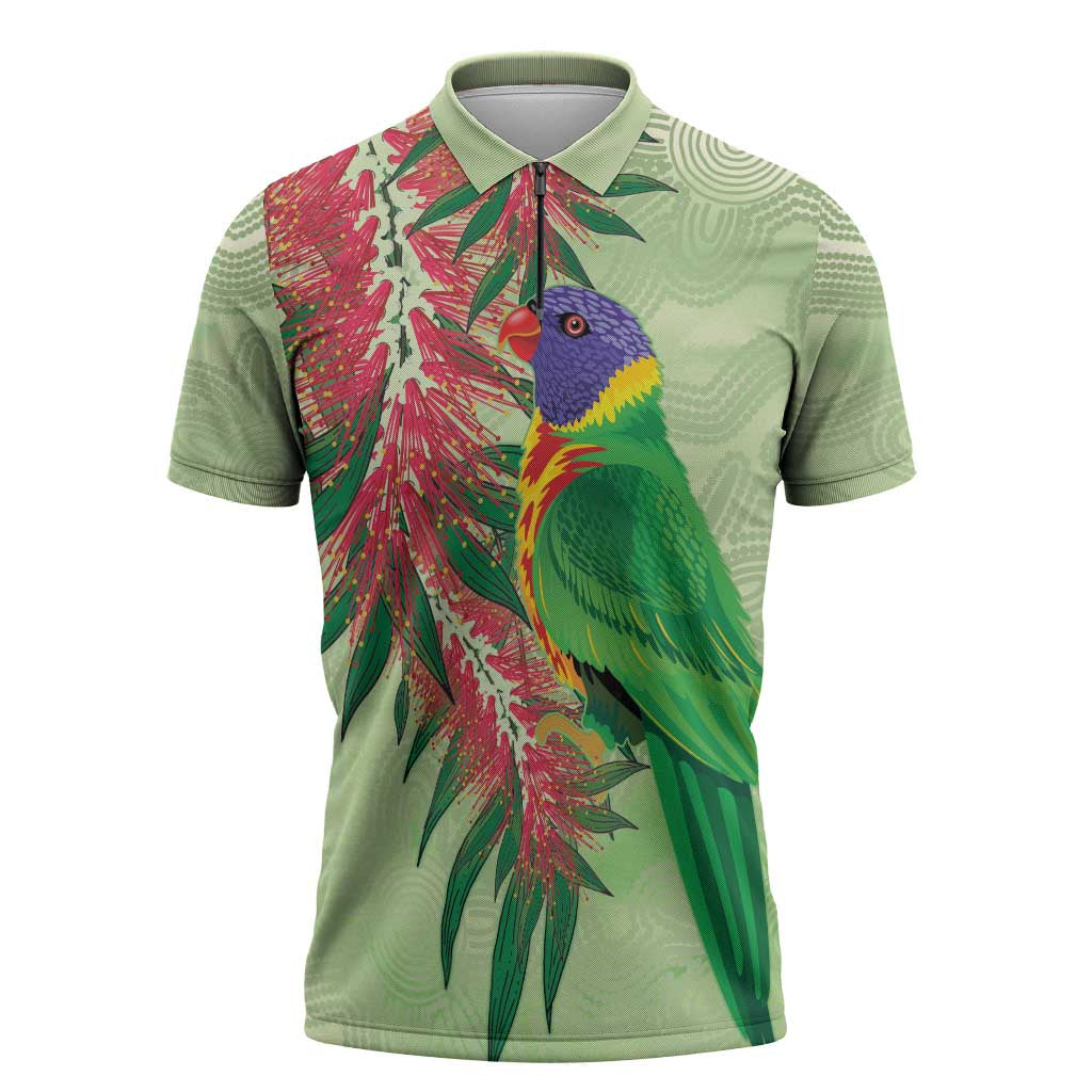 Australia Bottlebrush And Lorikeets Zipper Polo Shirt Aboriginal Art - Watercolor Style - Aussie Hoodie