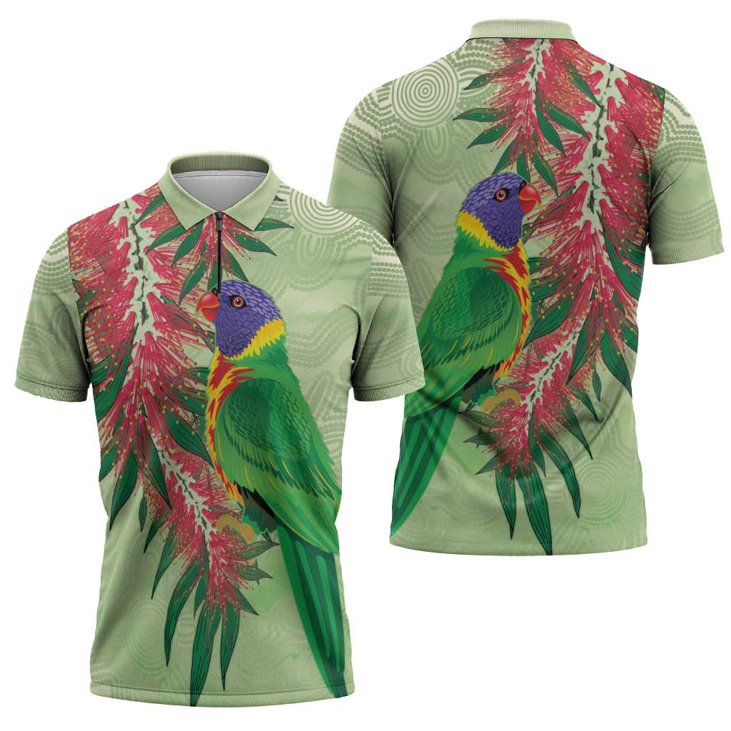 Australia Bottlebrush And Lorikeets Zipper Polo Shirt Aboriginal Art - Watercolor Style - Aussie Hoodie