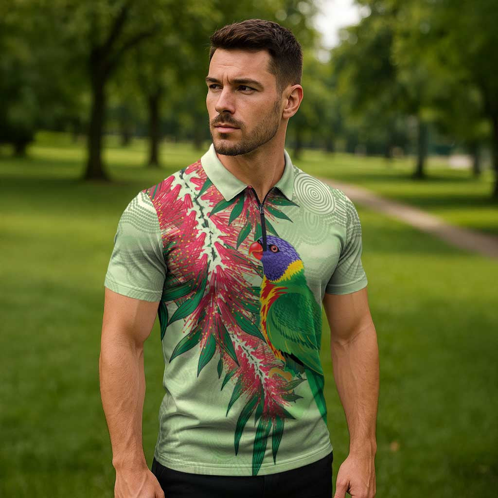 Australia Bottlebrush And Lorikeets Zipper Polo Shirt Aboriginal Art - Watercolor Style - Aussie Hoodie