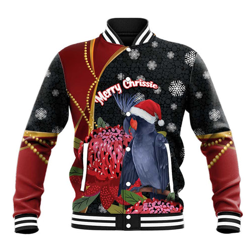 Australia Palm Cockatoo Christmas Baseball Jacket Probosciger Aterrimus Waratah Merry Chrissie - Aussie Hoodie