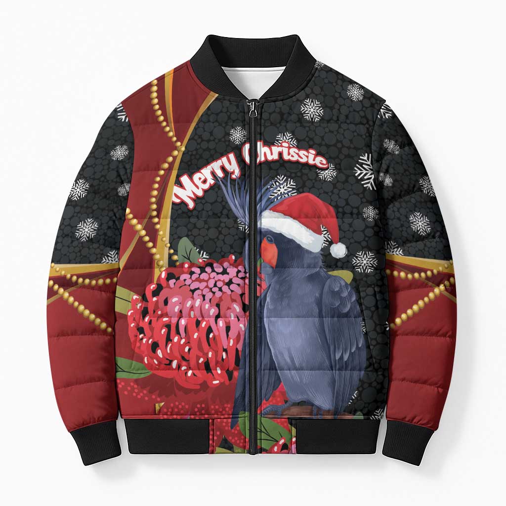 Australia Palm Cockatoo Christmas Bomber Puffer Jacket Probosciger Aterrimus Waratah Merry Chrissie - Aussie Hoodie