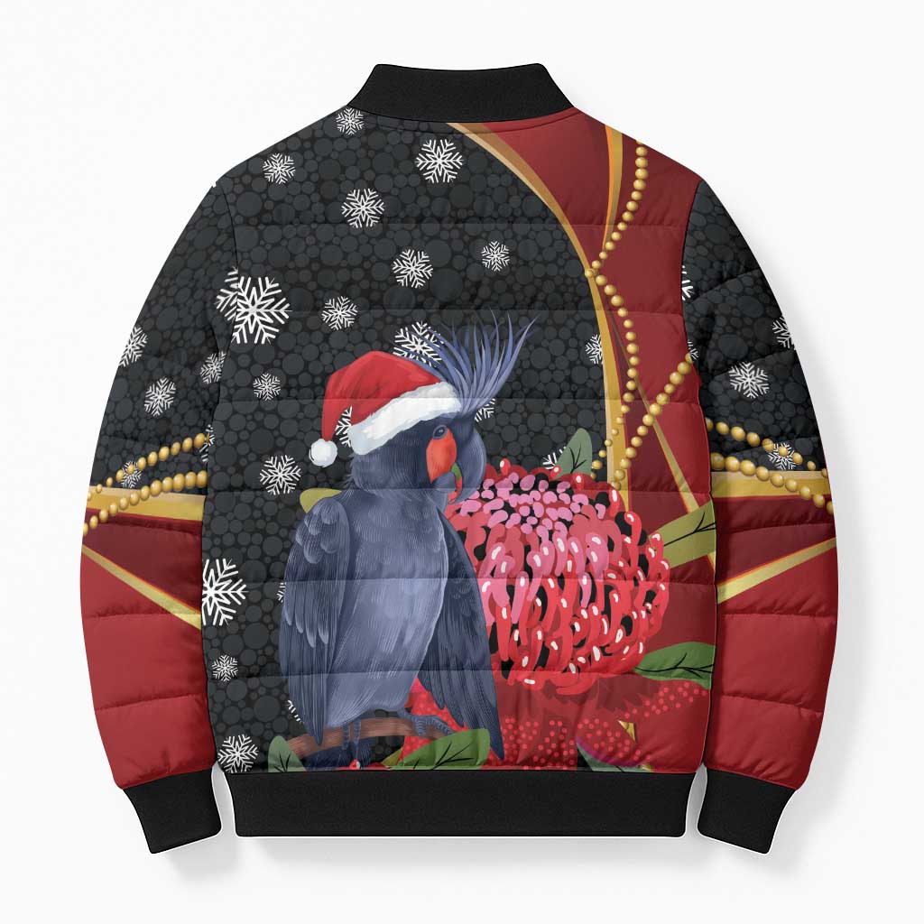 Australia Palm Cockatoo Christmas Bomber Puffer Jacket Probosciger Aterrimus Waratah Merry Chrissie - Aussie Hoodie