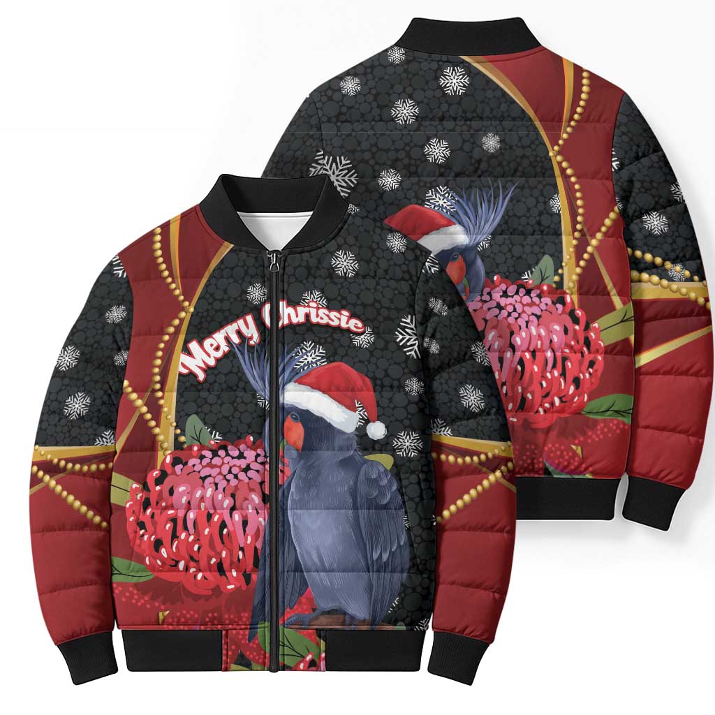 Australia Palm Cockatoo Christmas Bomber Puffer Jacket Probosciger Aterrimus Waratah Merry Chrissie - Aussie Hoodie