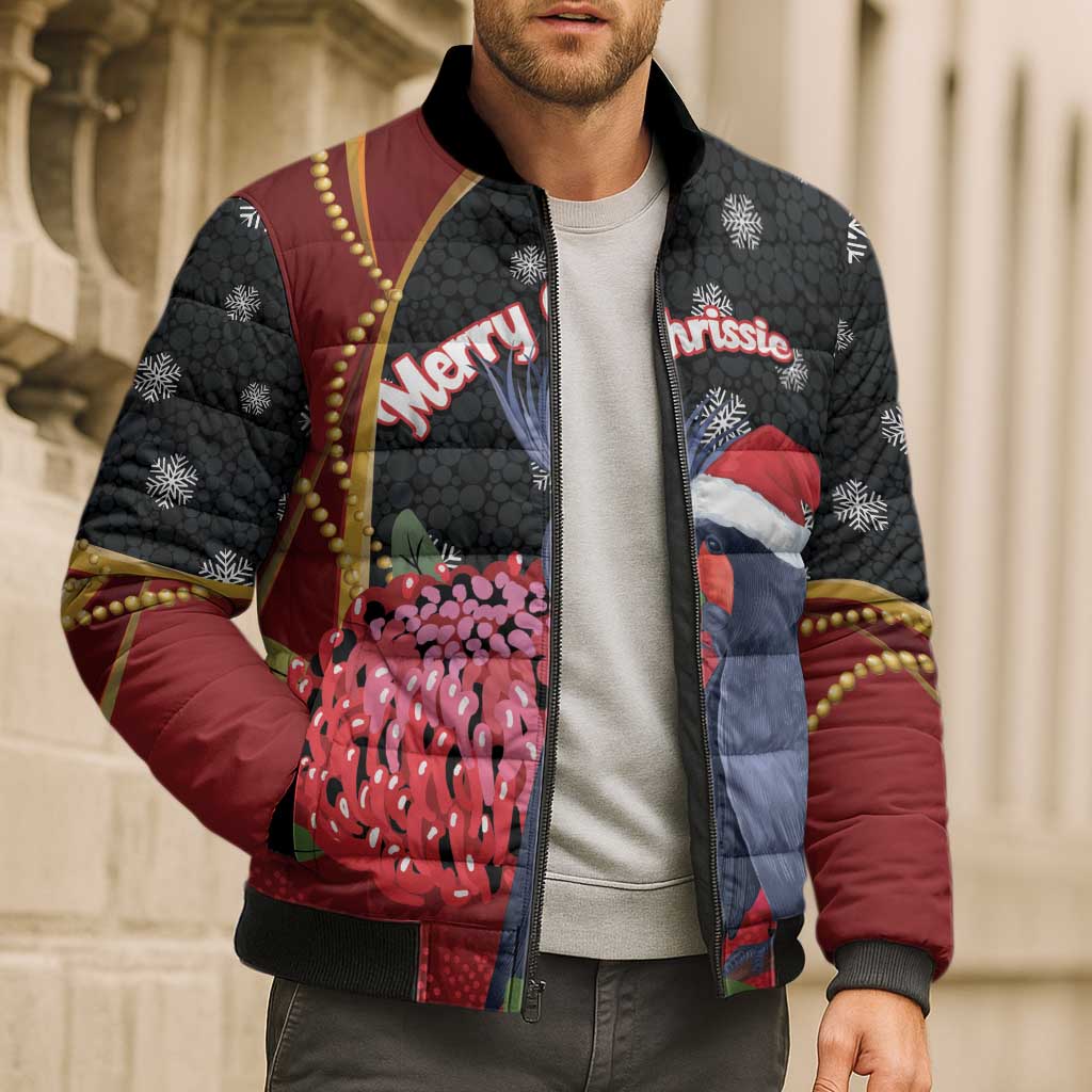 Australia Palm Cockatoo Christmas Bomber Puffer Jacket Probosciger Aterrimus Waratah Merry Chrissie - Aussie Hoodie