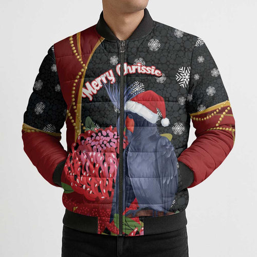 Australia Palm Cockatoo Christmas Bomber Puffer Jacket Probosciger Aterrimus Waratah Merry Chrissie - Aussie Hoodie