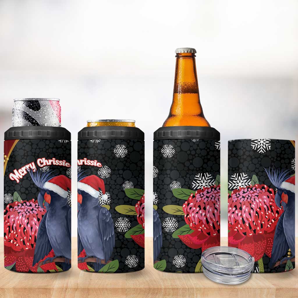 Australia Palm Cockatoo Christmas 4 in 1 Can Cooler Tumbler Probosciger Aterrimus Waratah Merry Chrissie - Aussie Hoodie