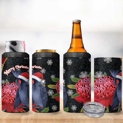 Australia Palm Cockatoo Christmas 4 in 1 Can Cooler Tumbler Probosciger Aterrimus Waratah Merry Chrissie - Aussie Hoodie