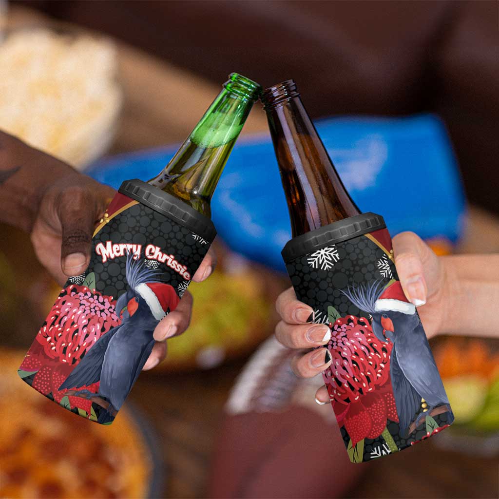 Australia Palm Cockatoo Christmas 4 in 1 Can Cooler Tumbler Probosciger Aterrimus Waratah Merry Chrissie - Aussie Hoodie