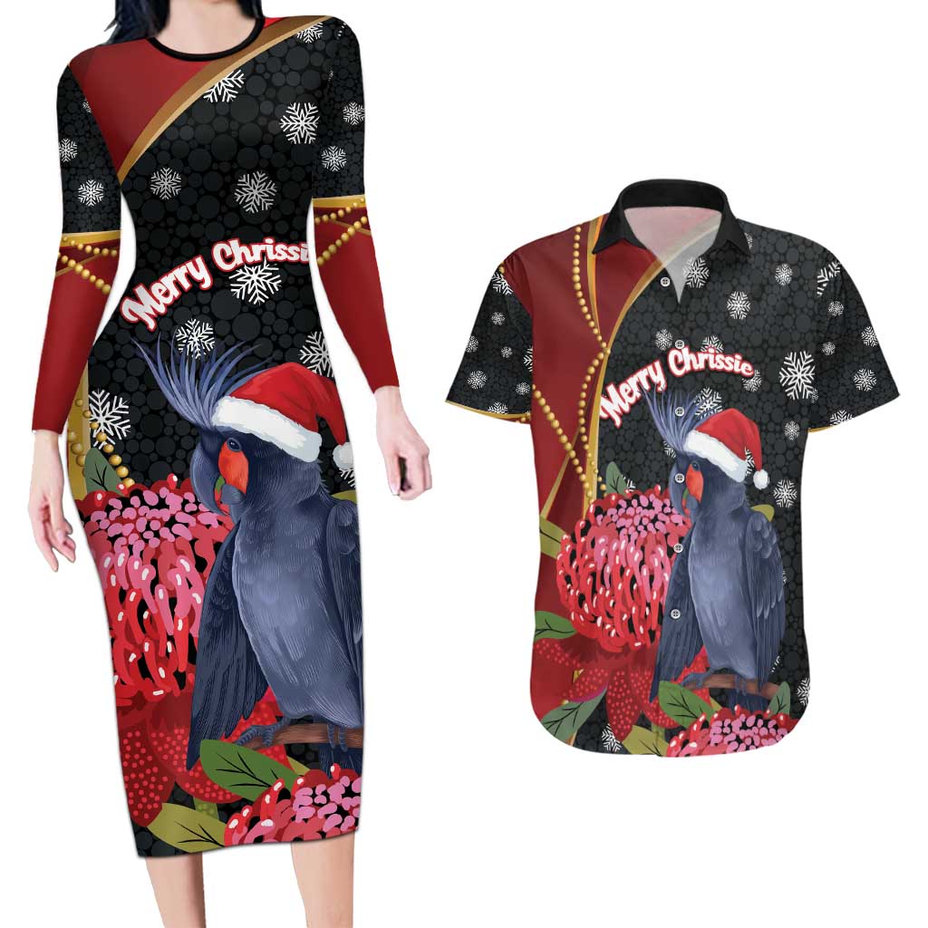 Australia Palm Cockatoo Christmas Couples Matching Long Sleeve Bodycon Dress and Hawaiian Shirt Probosciger Aterrimus Waratah Merry Chrissie - Aussie Hoodie