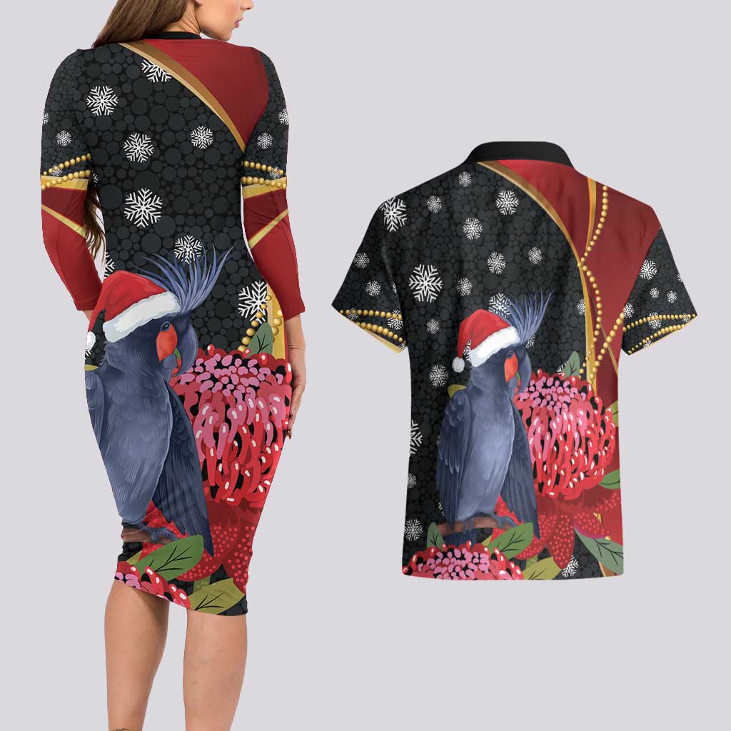 Australia Palm Cockatoo Christmas Couples Matching Long Sleeve Bodycon Dress and Hawaiian Shirt Probosciger Aterrimus Waratah Merry Chrissie - Aussie Hoodie