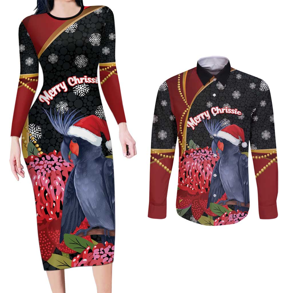 Australia Palm Cockatoo Christmas Couples Matching Long Sleeve Bodycon Dress and Long Sleeve Button Shirt Probosciger Aterrimus Waratah Merry Chrissie - Aussie Hoodie