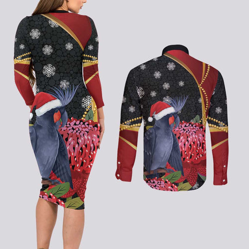 Australia Palm Cockatoo Christmas Couples Matching Long Sleeve Bodycon Dress and Long Sleeve Button Shirt Probosciger Aterrimus Waratah Merry Chrissie - Aussie Hoodie