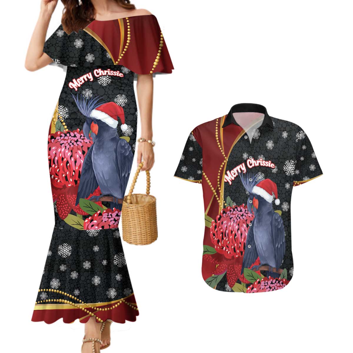 Australia Palm Cockatoo Christmas Couples Matching Mermaid Dress and Hawaiian Shirt Probosciger Aterrimus Waratah Merry Chrissie - Aussie Hoodie