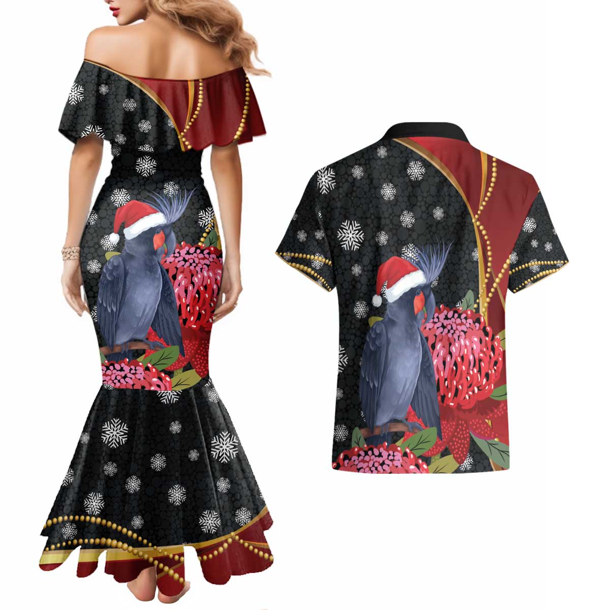 Australia Palm Cockatoo Christmas Couples Matching Mermaid Dress and Hawaiian Shirt Probosciger Aterrimus Waratah Merry Chrissie - Aussie Hoodie