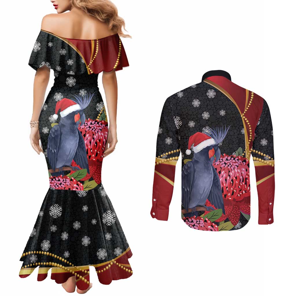 Australia Palm Cockatoo Christmas Couples Matching Mermaid Dress and Long Sleeve Button Shirt Probosciger Aterrimus Waratah Merry Chrissie - Aussie Hoodie