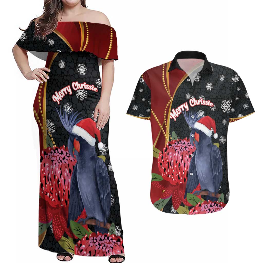 Australia Palm Cockatoo Christmas Couples Matching Off Shoulder Maxi Dress and Hawaiian Shirt Probosciger Aterrimus Waratah Merry Chrissie - Aussie Hoodie