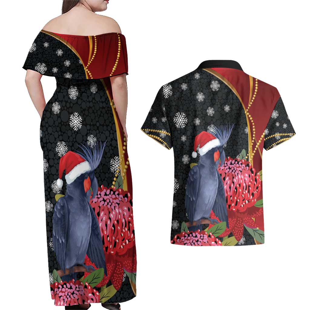 Australia Palm Cockatoo Christmas Couples Matching Off Shoulder Maxi Dress and Hawaiian Shirt Probosciger Aterrimus Waratah Merry Chrissie - Aussie Hoodie
