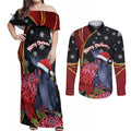 Australia Palm Cockatoo Christmas Couples Matching Off Shoulder Maxi Dress and Long Sleeve Button Shirt Probosciger Aterrimus Waratah Merry Chrissie - Aussie Hoodie