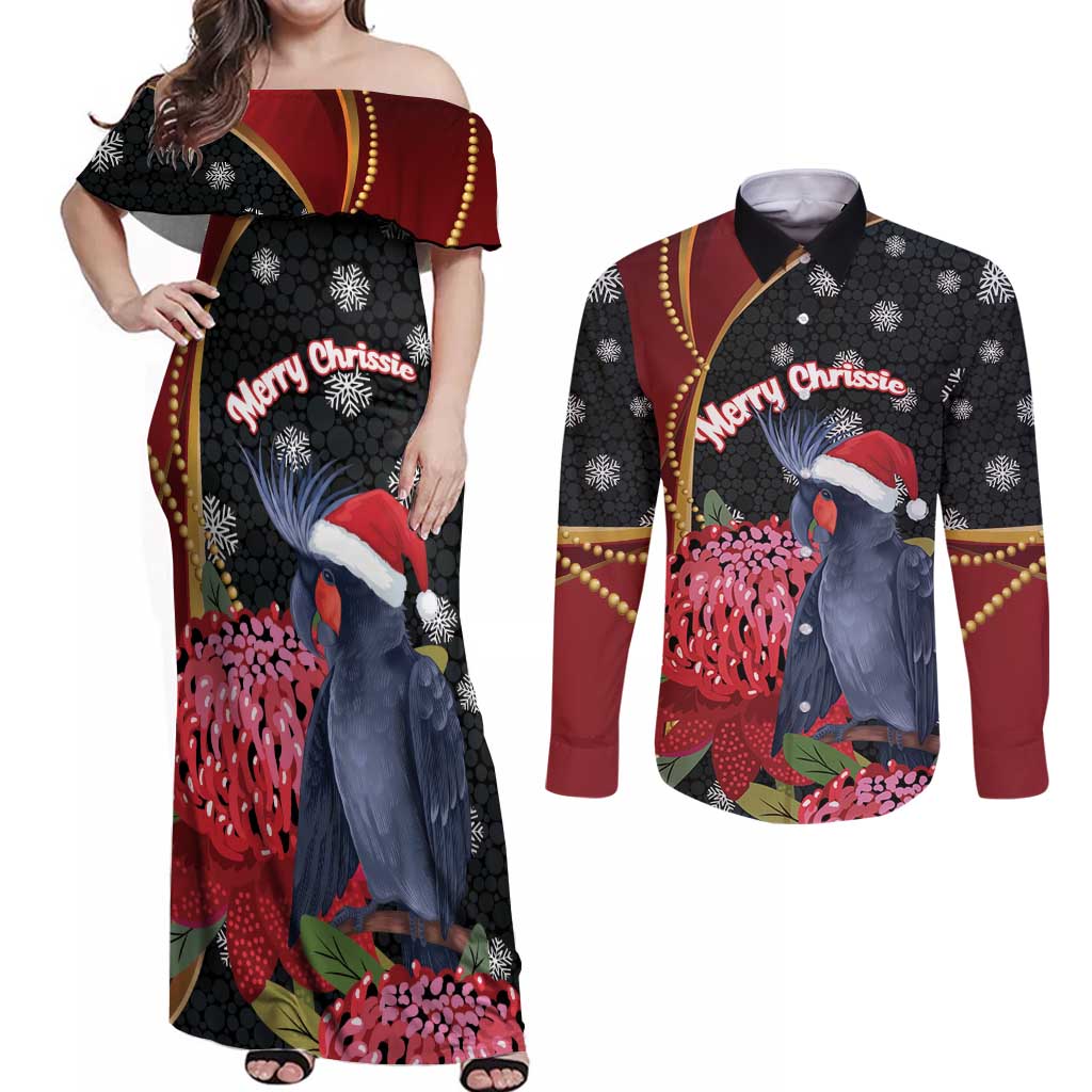 Australia Palm Cockatoo Christmas Couples Matching Off Shoulder Maxi Dress and Long Sleeve Button Shirt Probosciger Aterrimus Waratah Merry Chrissie - Aussie Hoodie