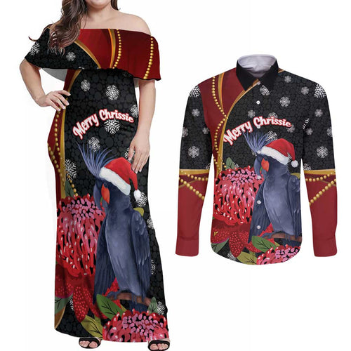 Australia Palm Cockatoo Christmas Couples Matching Off Shoulder Maxi Dress and Long Sleeve Button Shirt Probosciger Aterrimus Waratah Merry Chrissie - Aussie Hoodie