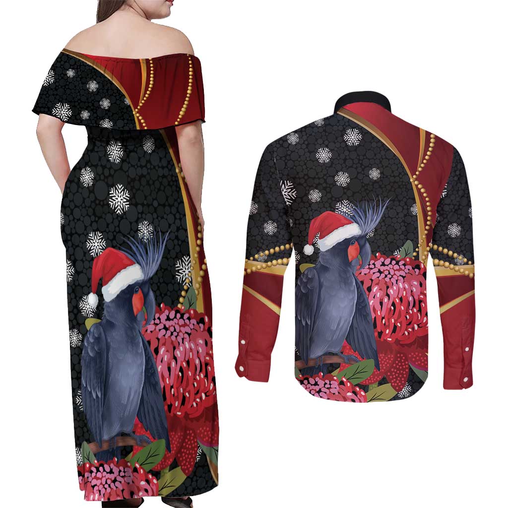 Australia Palm Cockatoo Christmas Couples Matching Off Shoulder Maxi Dress and Long Sleeve Button Shirt Probosciger Aterrimus Waratah Merry Chrissie - Aussie Hoodie