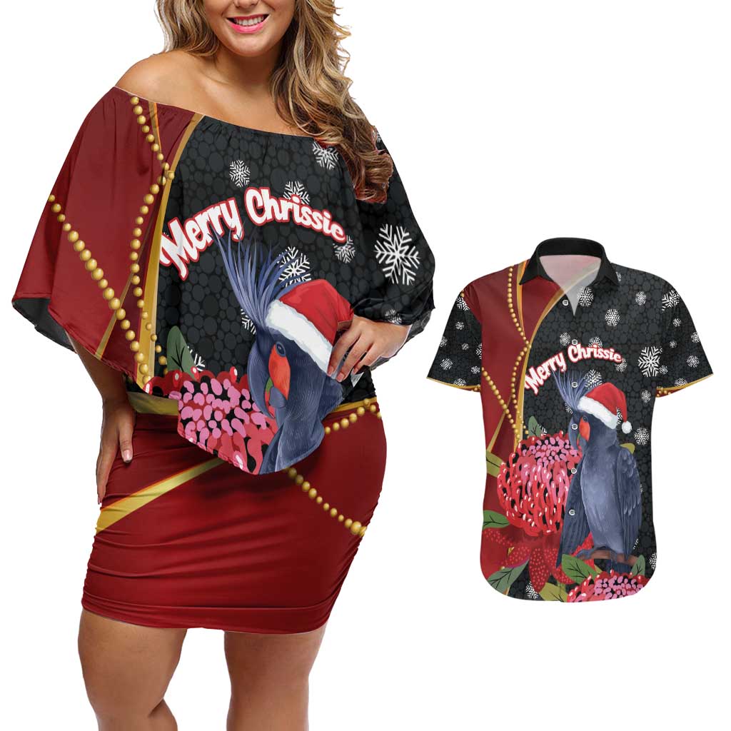 Australia Palm Cockatoo Christmas Couples Matching Off Shoulder Short Dress and Hawaiian Shirt Probosciger Aterrimus Waratah Merry Chrissie - Aussie Hoodie