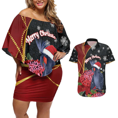 Australia Palm Cockatoo Christmas Couples Matching Off Shoulder Short Dress and Hawaiian Shirt Probosciger Aterrimus Waratah Merry Chrissie - Aussie Hoodie