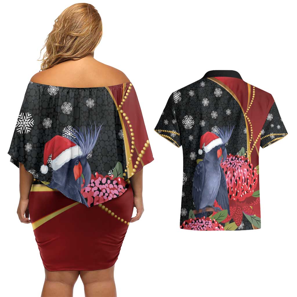 Australia Palm Cockatoo Christmas Couples Matching Off Shoulder Short Dress and Hawaiian Shirt Probosciger Aterrimus Waratah Merry Chrissie - Aussie Hoodie