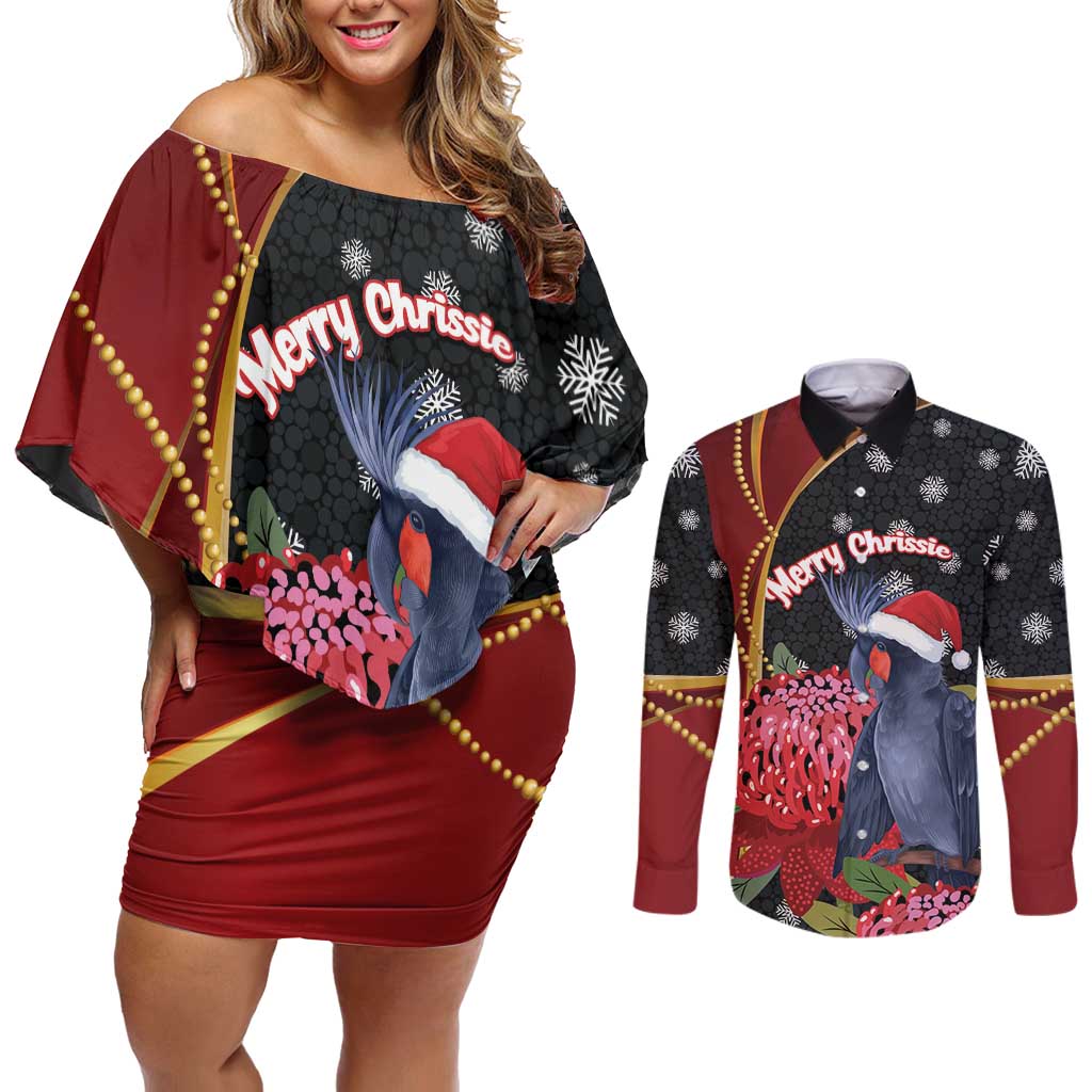 Australia Palm Cockatoo Christmas Couples Matching Off Shoulder Short Dress and Long Sleeve Button Shirt Probosciger Aterrimus Waratah Merry Chrissie - Aussie Hoodie